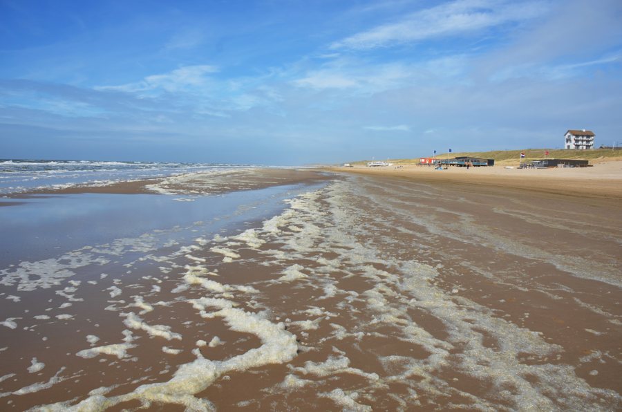Strand von Bergen aan Zee mit Strandpavillons und Nordsee