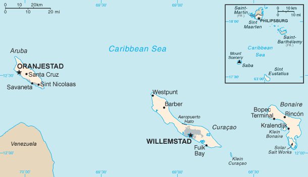 Karte der niederländischen Karibik mit Aruba, Bonaire, Curaçao, Saba, Sint Eustatius und Sint Maarten