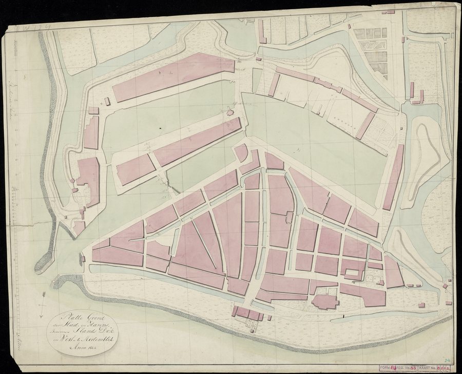 File:Plattegond der stad en havens, benevens 's lands dok en werf te Medemblik. Zuid boven. Kleur. NL-HlmNHA 269 0724.JPG